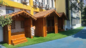 Custom anticorrosive wooden activity hut for kindergarten playground landscape furniture