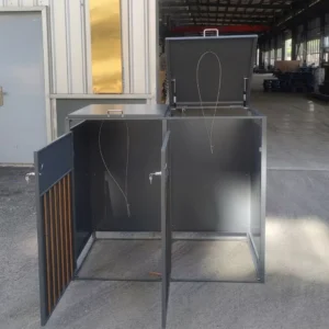 Galvanized steel waste bin with wood grain powder coating for parks