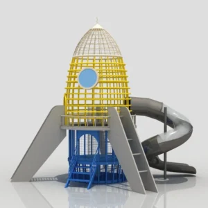 Custom wooden playground structure with slide and climbing ramp