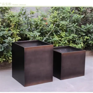 Side view of metal landscape planter box outdoor