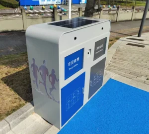 Side view of galvanized steel smart solar trash can